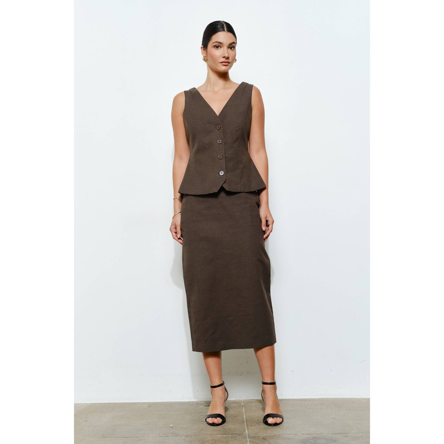 High-Waisted Back Slit Midi Skirt