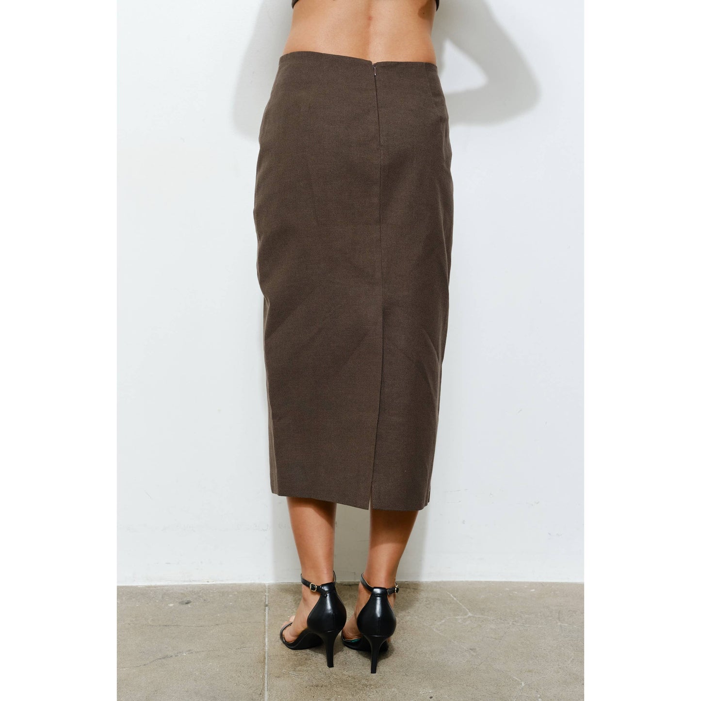 High-Waisted Back Slit Midi Skirt