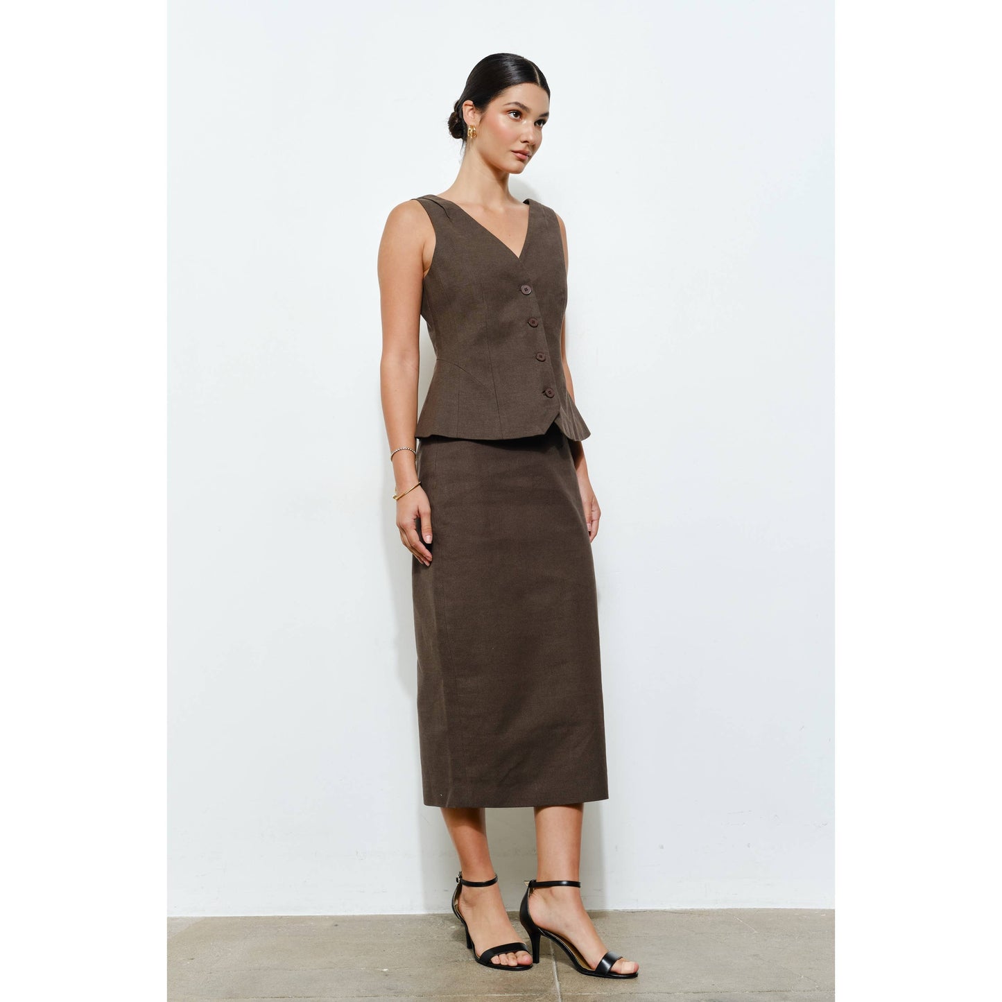 High-Waisted Back Slit Midi Skirt
